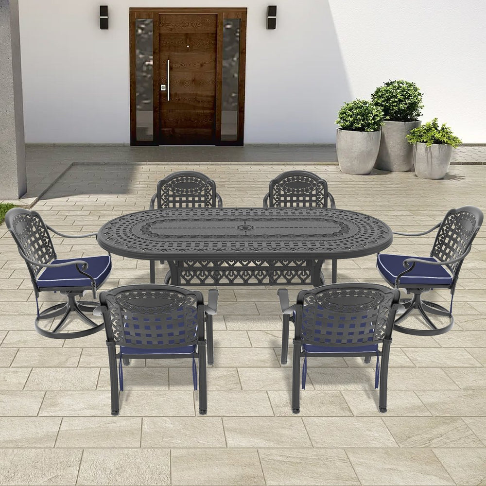English Elm 7-Piece All-Weather Cast Aluminum Dining Set With Swivel & Dining Chairs, Cushions & Oval Table W1710S00392