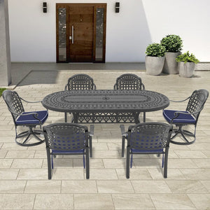 English Elm 7-piece Cast Aluminum Outdoor Dining Set with Ornate Relief Carved Chairs and Oval Table W1710S00599