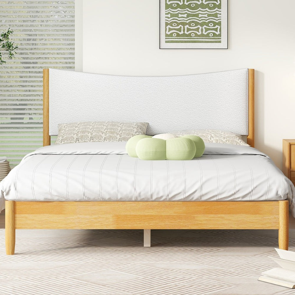 English Elm Queen Size Solid Rubberwood Bed With Boucle Upholstered Headboard, Sleek Beech White Finish & Support W504P184308-GIGA
