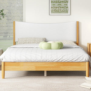 English Elm Queen Size Solid Rubberwood Bed With Boucle Upholstered Headboard, Sleek Beech White Finish & Support W504P184308-GIGA
