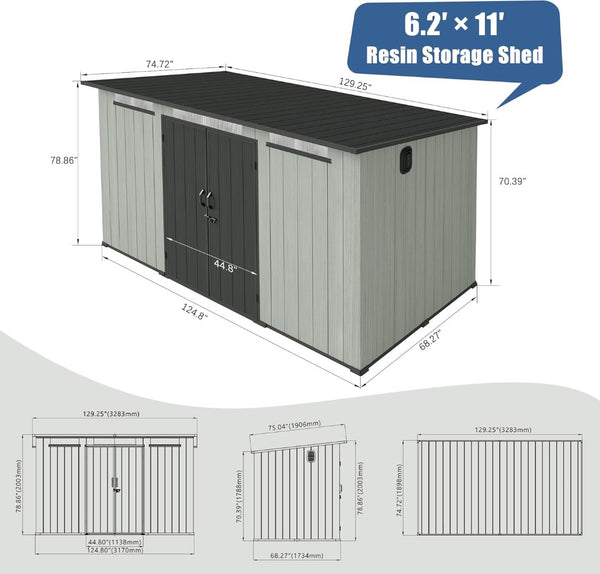 English Elm 6x11ft Outdoor Resin Shed Lockable Doors Skylight Vents Rust Proof Backyard Storage W1859S00175