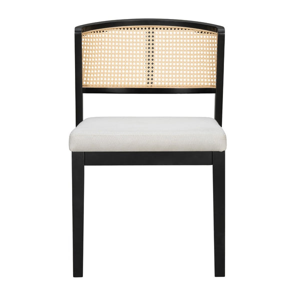 English Elm Rattan Back Armless Dining Chairs Upholstered Seat Rubberwood Frame Kitchen Set of 2 Black+Beige N842P400687B