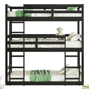 English Elm Triple Rubber Wood Bunk Bed with Built-In Ladders and Guardrails Maximizes Space for Families, Durable Design Black W504S00177