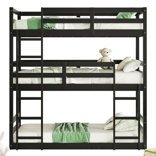 English Elm Triple Rubber Wood Bunk Bed with Built-In Ladders and Guardrails Maximizes Space for Families, Durable Design Black W504S00177