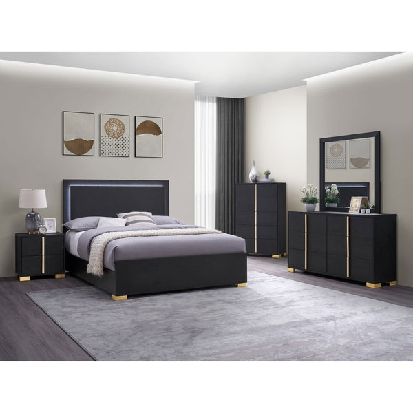 English Elm Jeremiah Art Deco Eastern King Bedroom Set with Led Headboard and Gold Accents B062S01823