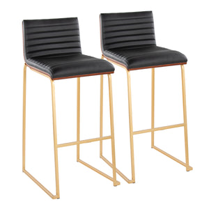 English Elm Mason Mara 30" Fixed-Height Barstools In Gold Metal & Walnut Wood - Chic Black Faux Leather Set Of 2 B202P222245