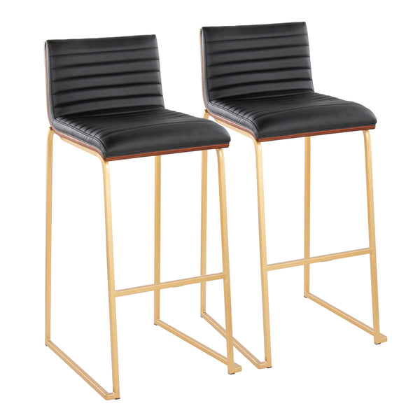 English Elm Mason Mara 30" Fixed-Height Barstools In Gold Metal & Walnut Wood - Chic Black Faux Leather Set Of 2 B202P222245