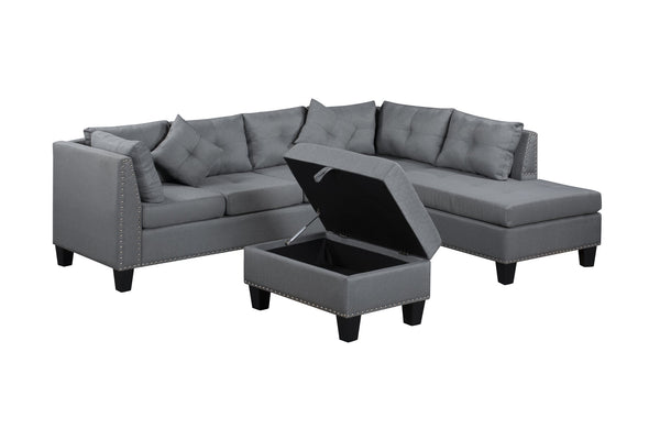 English Elm 104.5" Upholstered Sofa Chaise & Ottoman Gray - Coin-Spring Cushions, Storage Ottoman, Solid Wood Frame W2297S00018