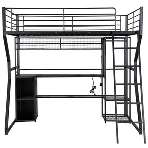 English Elm Full Size Metal Gaming Loft Bed With Workstation, Led Lights, Storage Solutions & Open Wardrobe N7090000666B