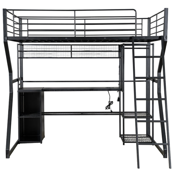 English Elm Full Size Metal Gaming Loft Bed With Workstation, Led Lights, Storage Solutions & Open Wardrobe N7090000666B