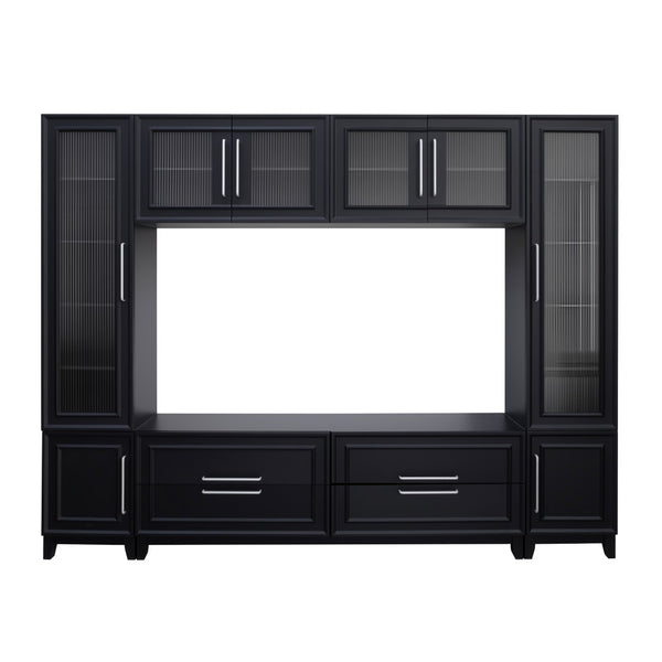 English Elm Vibe Haus Fluted Glass Wall Unit Tall Mdf Entertainment Console for Living Room N893S000011B