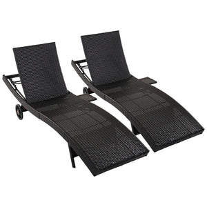 English Elm K&k Outdoor Wicker Reclining Chaise Set 2 Piece with Pull Out Tray Rolling Wheels Black+Brown N707P395515D