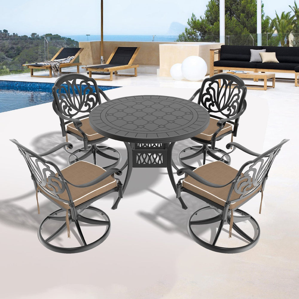 English Elm 5-Piece All-Weather Cast Aluminum Dining Set With Swivel Chairs & Round Table For Outdoor Comfort W1710S00437