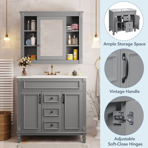 English Elm 36'' Bathroom Vanity with Sink and Mirror Cabinet, Modern MDF & Solid Wood Design, Ceramic Top, Soft-Close Doors Grey SW000115AAE-1