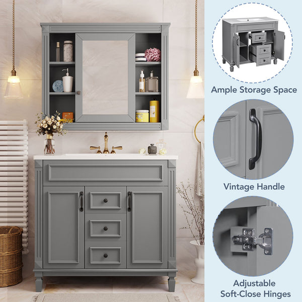 English Elm 36'' Bathroom Vanity with Sink and Mirror Cabinet, Modern MDF & Solid Wood Design, Ceramic Top, Soft-Close Doors Grey SW000115AAE-1