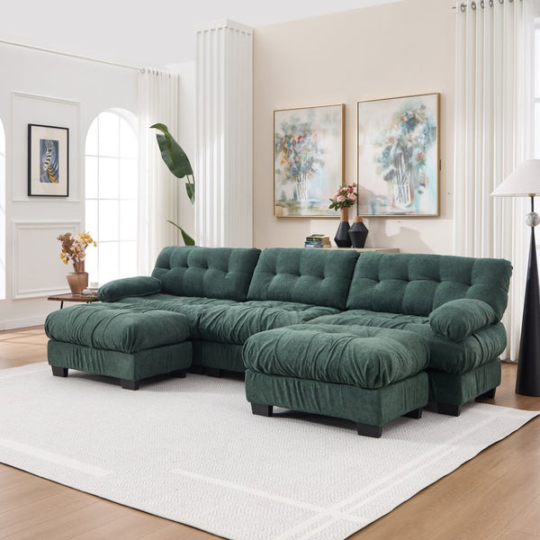 English Elm U Shaped Modular Cloud Sectional Deep Seat Flannelette Sofa with Rounded Bolster Armrests Green W2120S00039