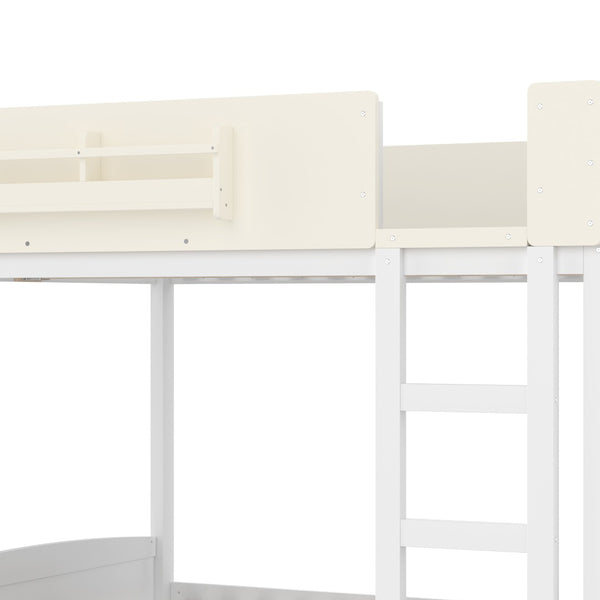 English Elm Queen Bunk Bed with Trundle Solid Pine Kids Car Themed Frame Built-in Bookshelf Beige+White W1580S00446