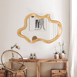 English Elm 33.46" Irregular Wall Mirror with Natural Wood Frame — Organic Flowing Shape, Clear Reflection, Easy Mounting W2295P365037