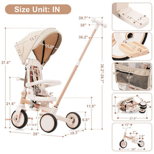 English Elm 7 in 1 Convertible Toddler Trike Aluminum Foldable Push Bike with Canopy for Ages 1 to 6 Light Brown N726P248345B