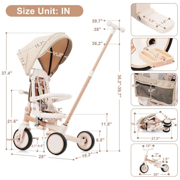 English Elm 7 in 1 Convertible Toddler Trike Aluminum Foldable Push Bike with Canopy for Ages 1 to 6 Light Brown N726P248345B