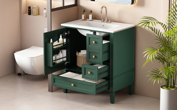 English Elm 30 30 Inch Bathroom Vanity with Ceramic Sink, Modern Compact 3-Drawer Storage Cabinet for Small Baths Green N710P247499F