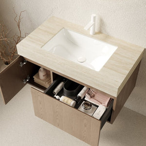 English Elm Muri Floating Bathroom Vanity Travertine Stone Top Plywood Cabinet Warm Woodgrain W2615S00607