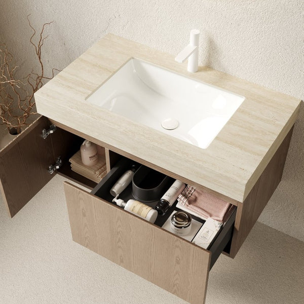English Elm Muri Floating Bathroom Vanity Travertine Stone Top Plywood Cabinet Warm Woodgrain W2615S00607