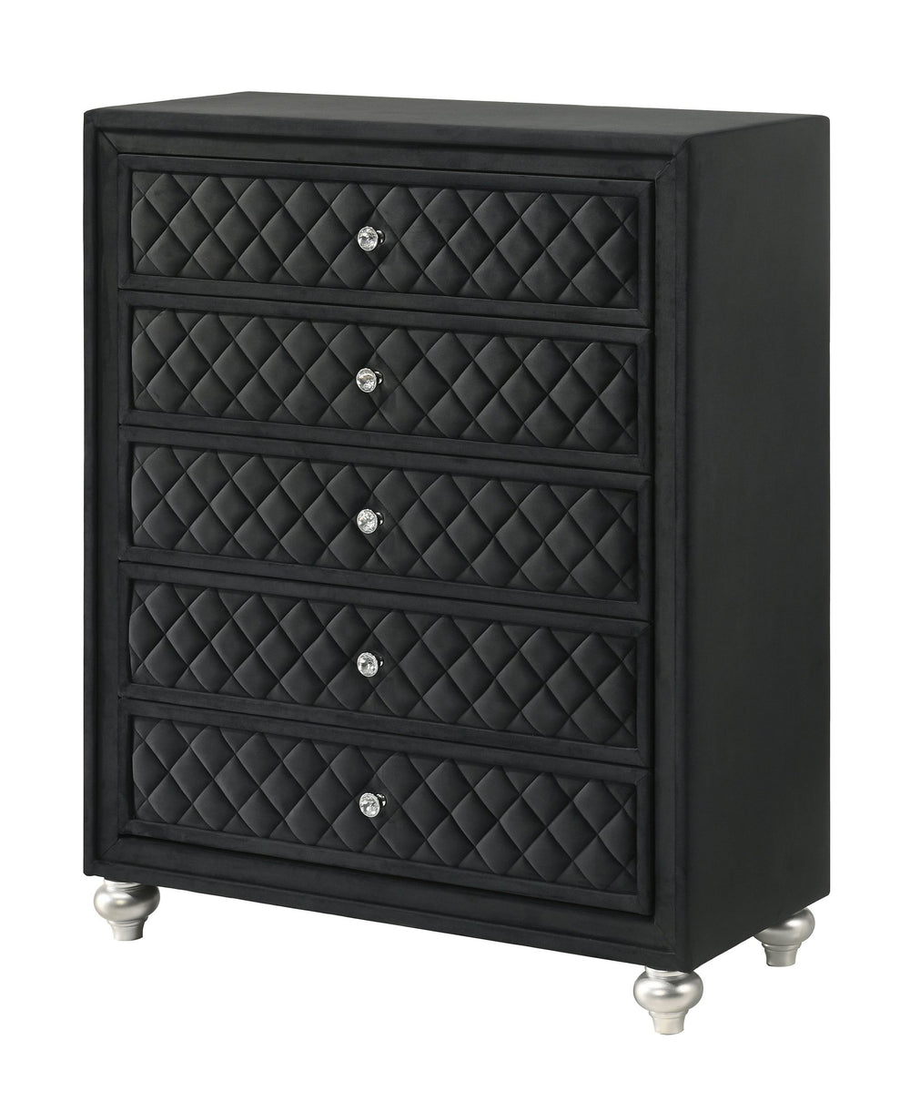English Elm 1pc Cameo 5-Drawer Chest Velvet Tufted Front with Faux Crystal Knobs Gray Wood Finish, Stylish Storage Black 42.52 L x 18.11 W x 47.24 H B2741P329272