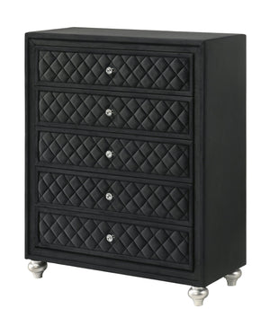 English Elm 1pc Cameo 5-Drawer Chest Velvet Tufted Front with Faux Crystal Knobs Gray Wood Finish, Stylish Storage Black 42.52 L x 18.11 W x 47.24 H B2741P329272