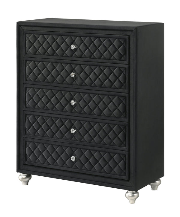 English Elm 1pc Cameo 5-Drawer Chest Velvet Tufted Front with Faux Crystal Knobs Gray Wood Finish, Stylish Storage Black 42.52 L x 18.11 W x 47.24 H B2741P329272