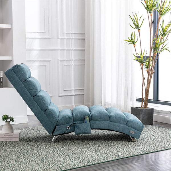 English Elm Linen Ergonomic Massage Chaise Lounge with Remote Control, 140° Recline, Heavy-Duty Frame, 5 Modes Blue W39539624