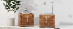 English Elm Mid-century Modern Nightstand with Diamond Geometric Drawers and Heavy Duty Wood Base Light Brown N761P324094M