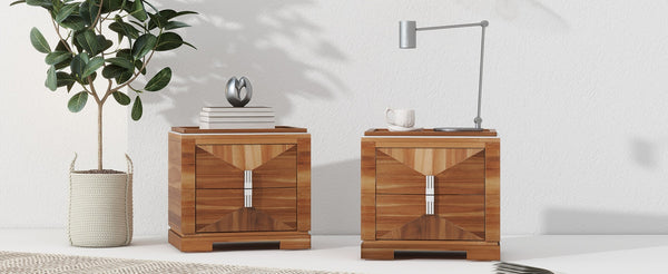 English Elm Mid-century Modern Nightstand with Diamond Geometric Drawers and Heavy Duty Wood Base Light Brown N761P324094M