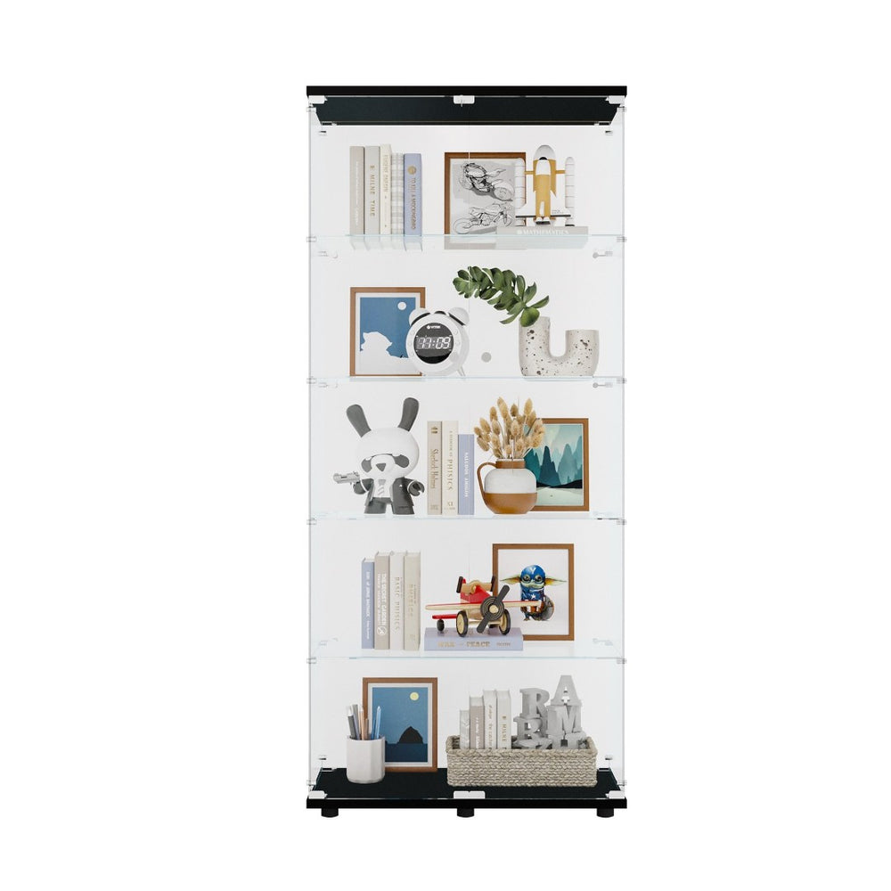 English Elm Two Door Glass Cabinet - Elegant Black Display Case With 5 Shelves For Collectibles & Decor W1510S00014-GIGA