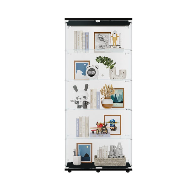 English Elm Two Door Glass Cabinet - Elegant Black Display Case With 5 Shelves For Collectibles & Decor W1510S00014-GIGA