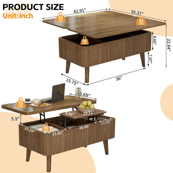 English Elm 3 in 1 Oval Lift Top Coffee Table Fluted Wood Storage Converts for Living Room W2641P422965
