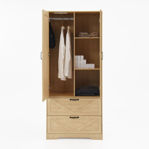 English Elm 2 Door Wardrobe Closet with Full Length Mirror Motion Light Hanging Rod and Drawers Natural W409P266780