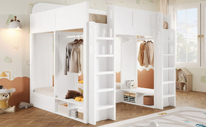 English Elm Triple Bunk Bed Wood Frame with Built in Shelves Hooks for Shared Kids Rooms White N7090004027K