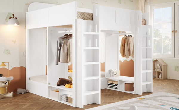 English Elm Triple Bunk Bed Wood Frame with Built in Shelves Hooks for Shared Kids Rooms White N7090004027K