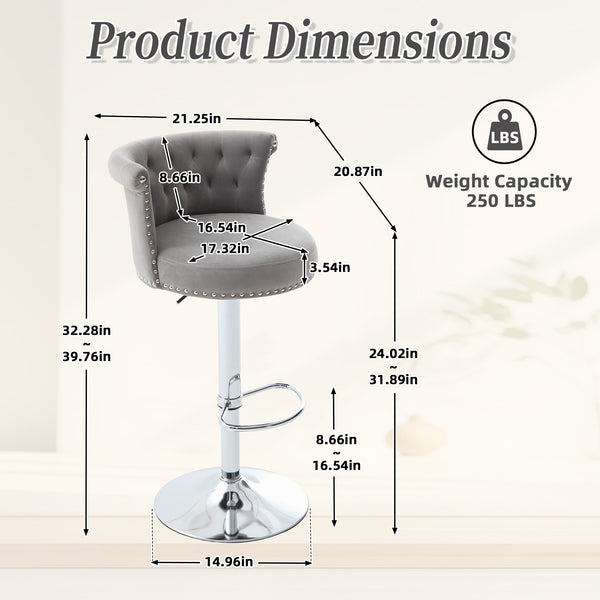 English Elm COOLMORE Velvet Bar Stool with Anti-Slip Large Base, Adjustable 360° Swivel, Plush Foam Comfort Gray W1539P320507