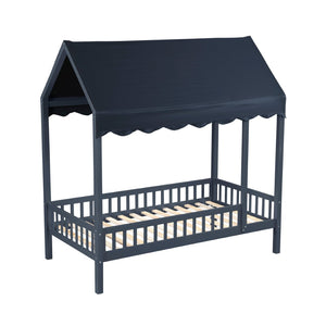 English Elm Navy Solid Wood Twin Canopy Bed Scalloped Fabric Cover Cottage Style Kids Bedroom B011P462897