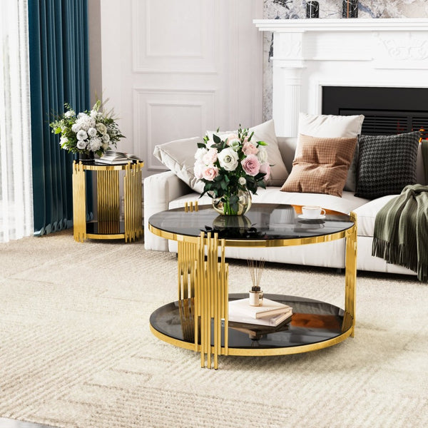 English Elm Modern Round Mirrored Glass End Table with Gold Metal Frame and Lower Display Shelf Black N735P380092B