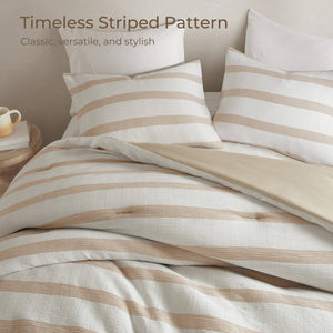 English Elm 3-piece King Yarn-dyed Woven Stripe Comforter Set with Seersucker Texture for Coastal Bedrooms Taupe B035P463217