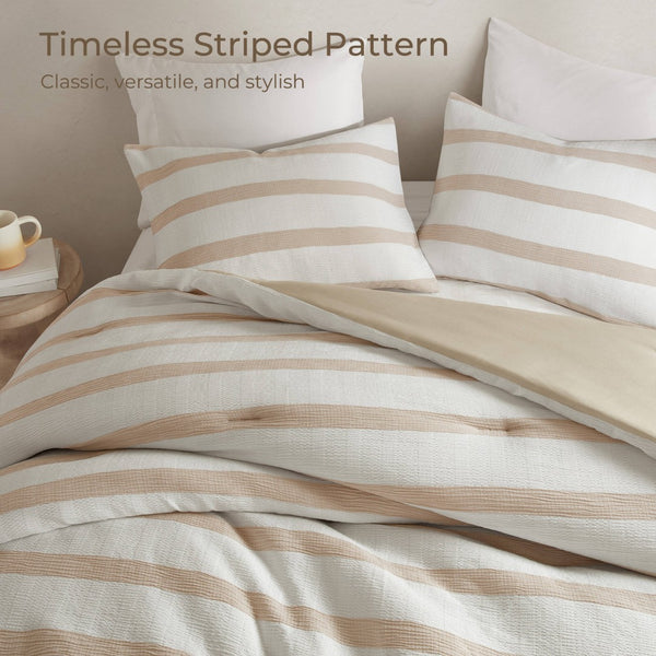 English Elm 3-piece King Yarn-dyed Woven Stripe Comforter Set with Seersucker Texture for Coastal Bedrooms Taupe B035P463217