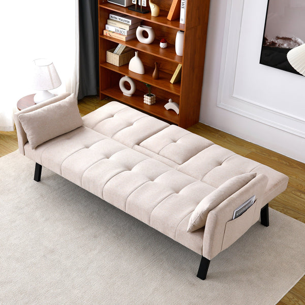English Elm 70-inch Foldable Cotton Linen Sofa Bed with Cup Holder & Side Storage, Space-Saving 2-Seater Design Beige W3371P337197