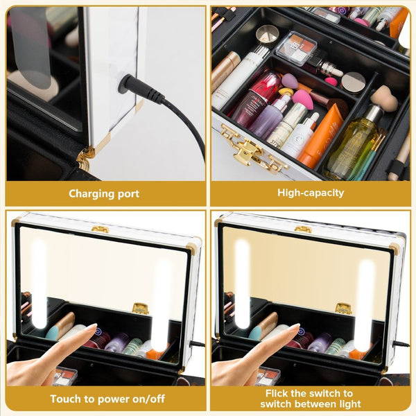 English Elm Portable Led Vanity Makeup Case Aluminum Travel Organizer with Mirror Lock Dividers W1550P163303