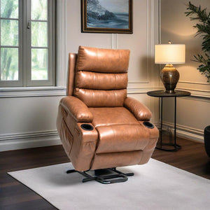 English Elm 21"seat Large Electric Power Lift Recliner Chair with 8-Point Vibration Massage, Lumbar Heat, Remote Control and Cup Holders for Easy Standing Comfort and Pocket Storage Brown W311P316089