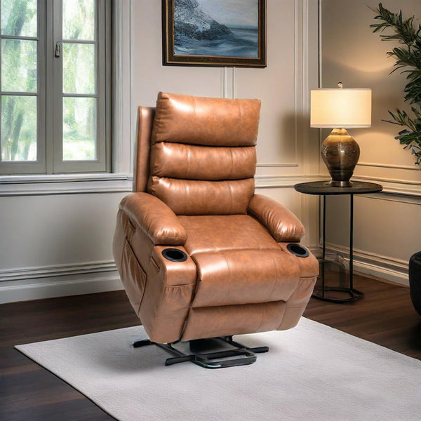 English Elm 21"seat Large Electric Power Lift Recliner Chair with 8-Point Vibration Massage, Lumbar Heat, Remote Control and Cup Holders for Easy Standing Comfort and Pocket Storage Brown W311P316089