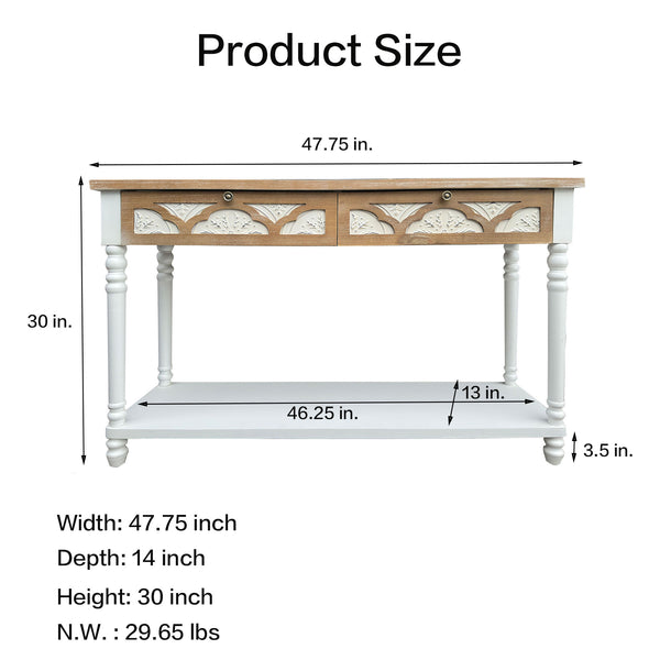 English Elm 48 Inch Console Table Natural+White with 2 Drawers & Bottom Shelf, Solid Wood Legs, Vintage Chic MDF Design W716P197959