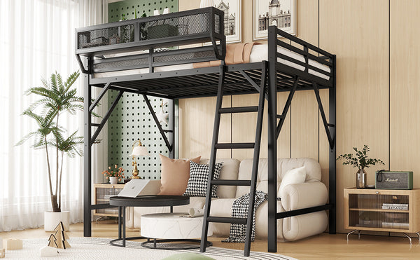 English Elm Queen Size Metal Loft Bed with Ladder and Built-In Storage Shelves, Sturdy High Bed for Teens 99" Black W2580P379983